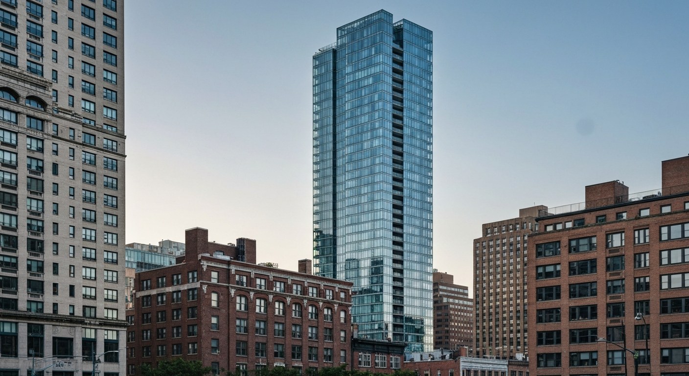 modern glass residential tower rising among historic low-rise buildings, downtown Manhattan