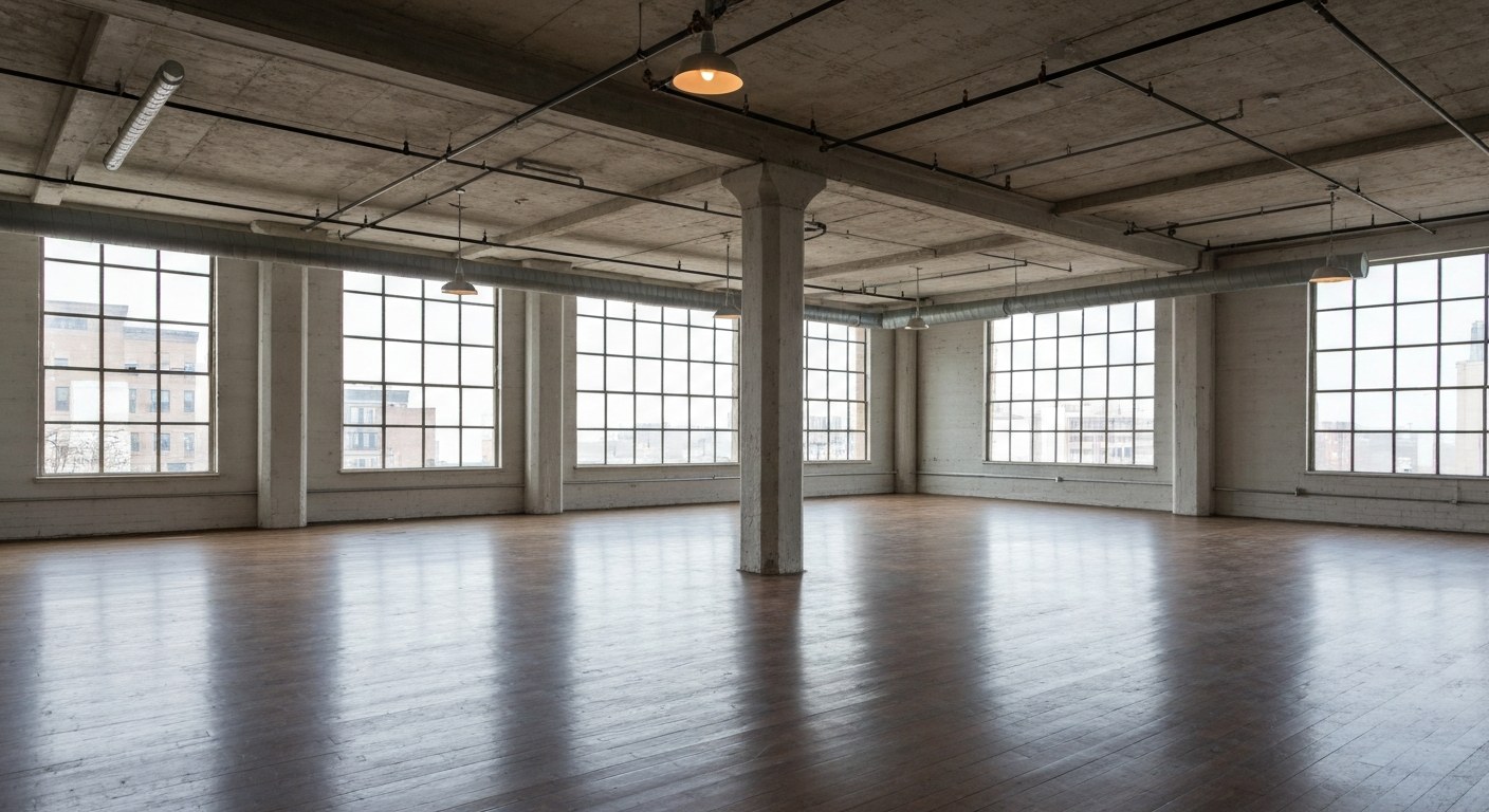 spacious loft apartment interior with high ceilings and large windows, exposed columns