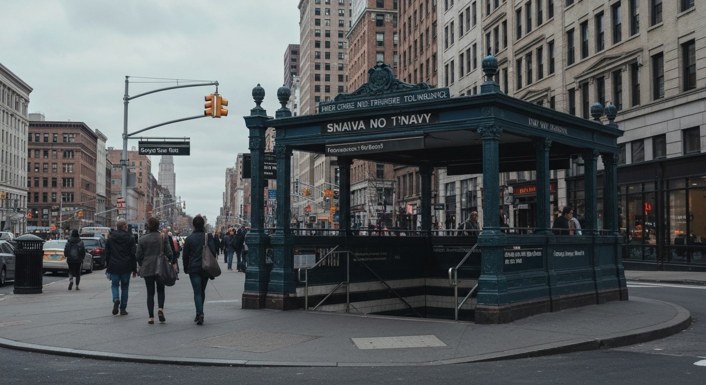 New York subway entrance on a historic street corner, pedestrians