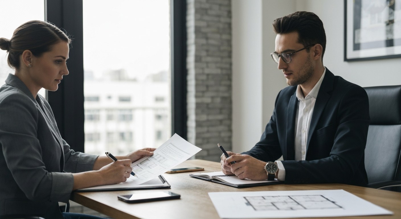 professional real estate consultation with documents and floor plans, office