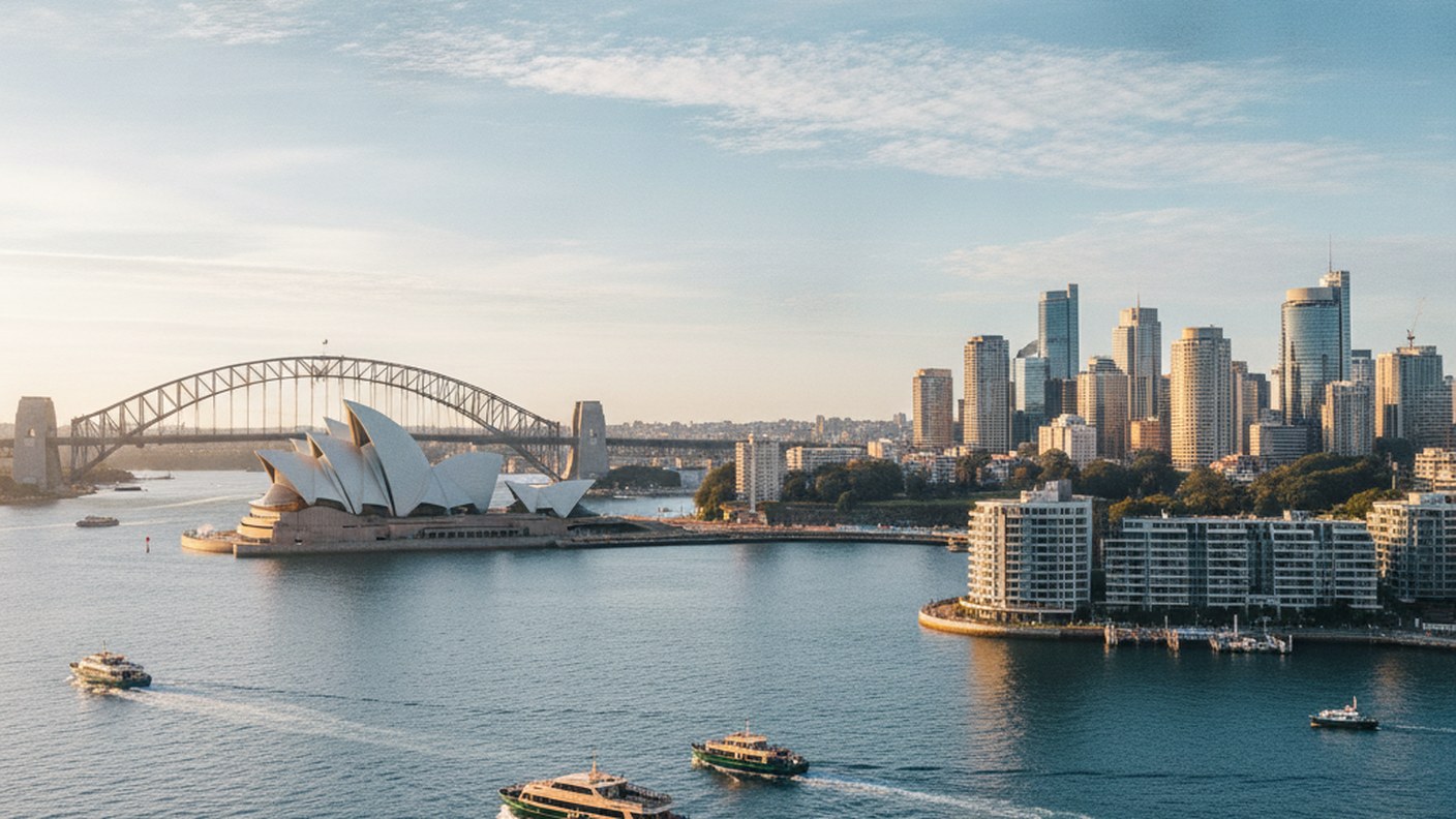 Sydney harbor with opera house and residential towers, bright morning
