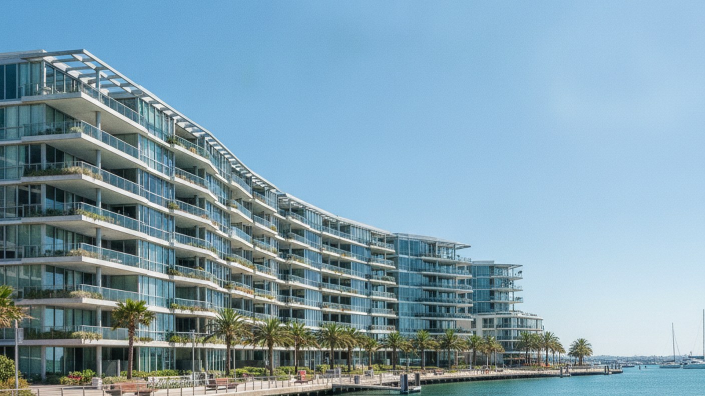modern waterfront apartment buildings with balconies in Australian city, clear sky