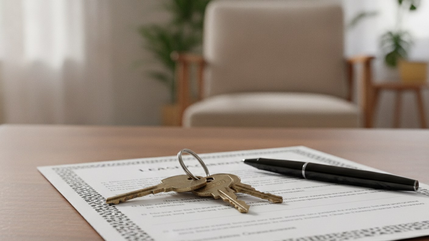 rental property keys and lease agreement on table with pen, close up