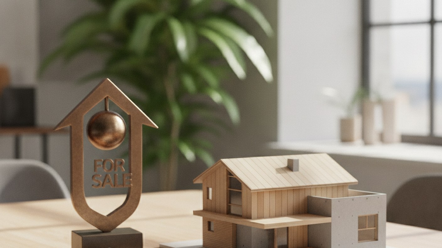 for sale sign concept with modern house model and documents, professional photo
