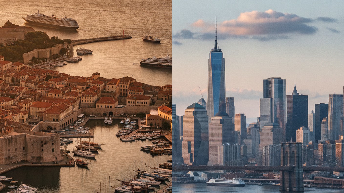 contrast of harbor city and Manhattan skyline, split editorial composition