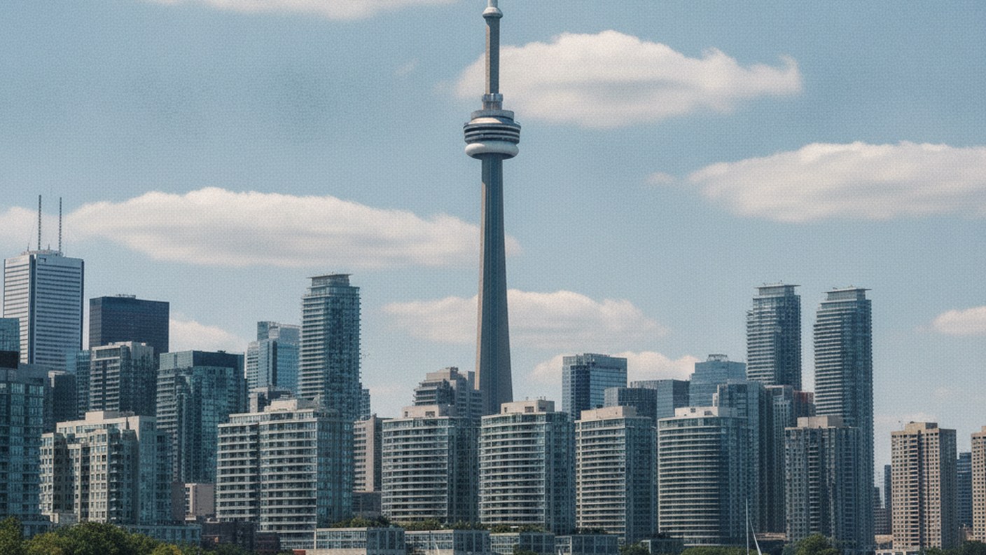Toronto skyline with CN tower and condominium towers at waterfront, daytime