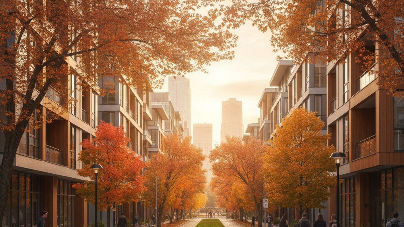 residential neighborhood with modern mid-rise buildings and autumn trees, North American city