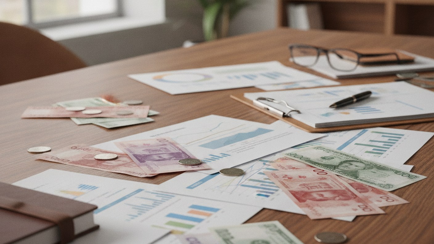 Canadian and US currency with financial documents on desk, business editorial