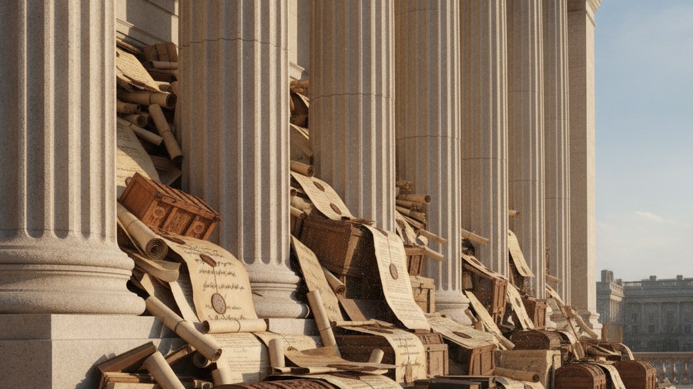 government building columns with legal documents concept, editorial photography