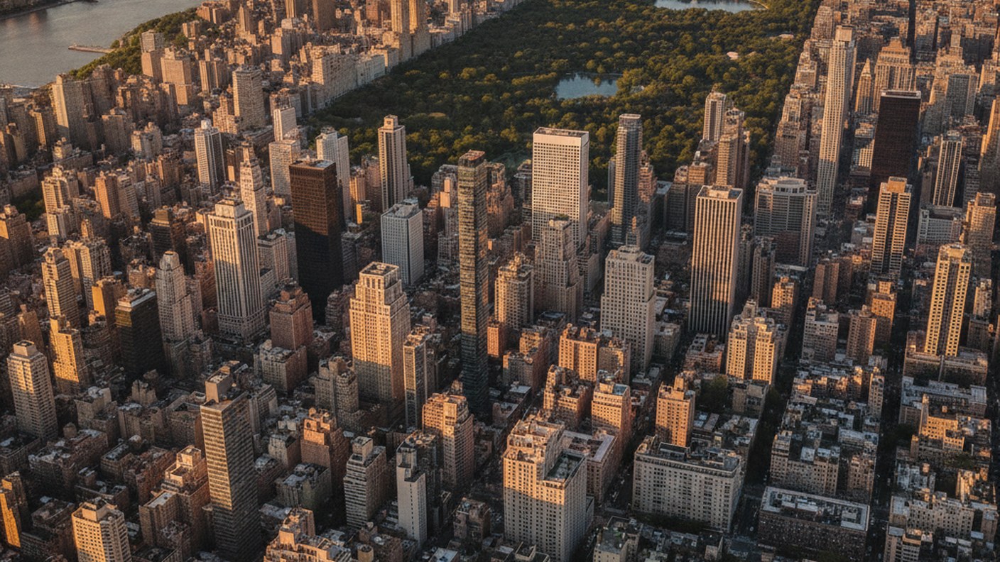 Manhattan aerial view with Central Park and dense towers, golden afternoon