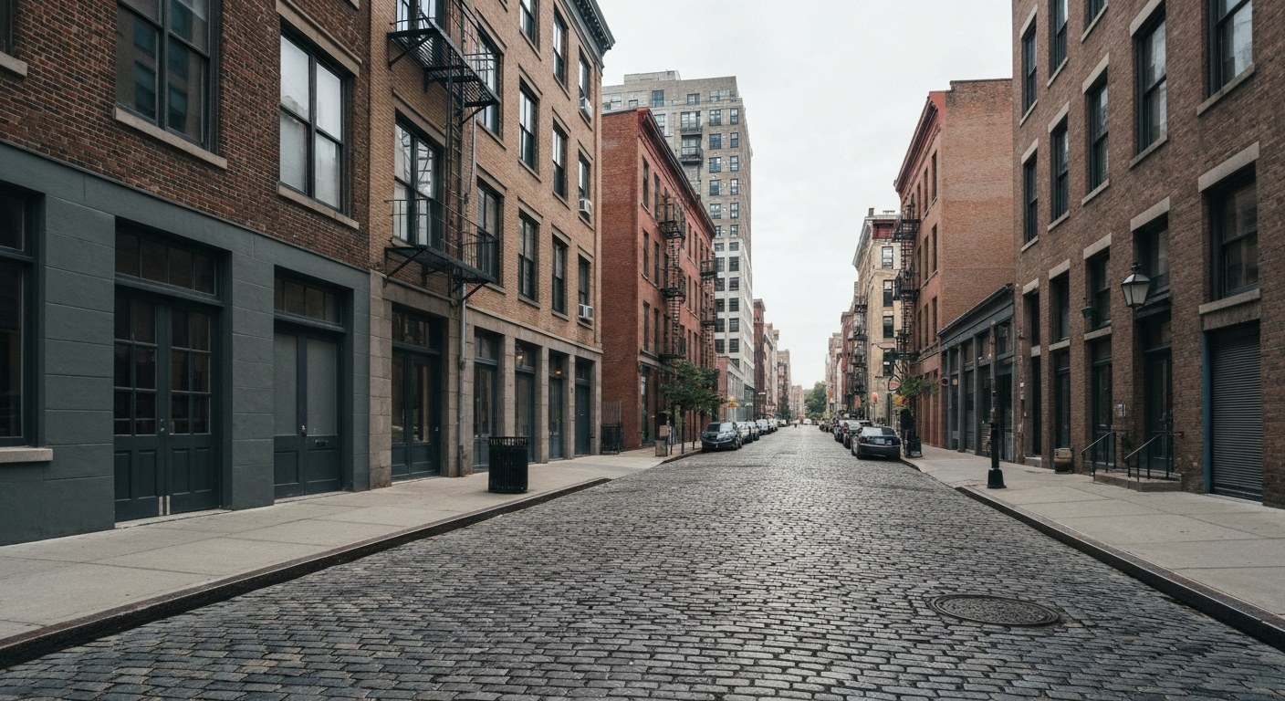 Tribeca cobblestone street with converted warehouse loft buildings, New York, soft daylight