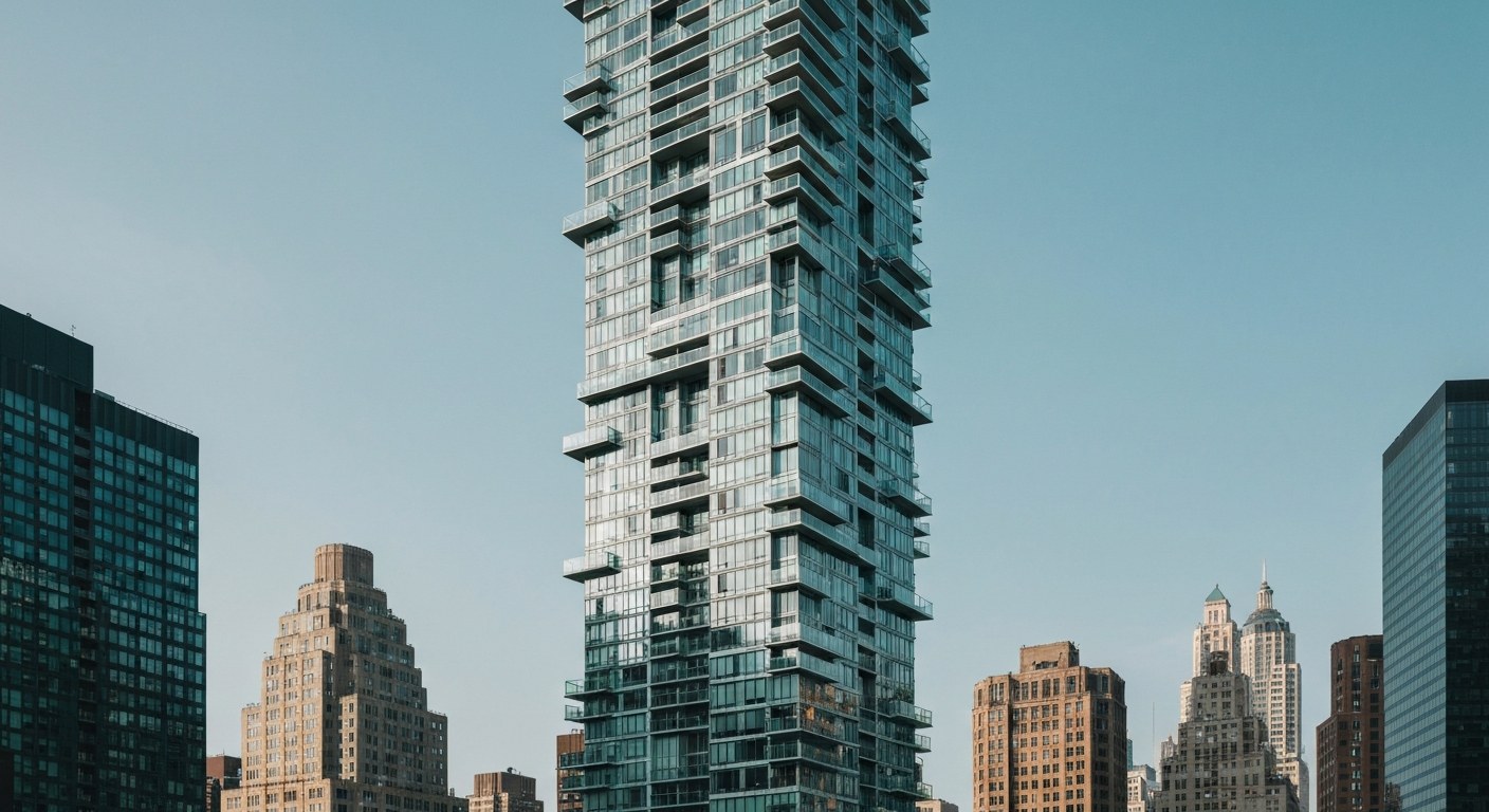 distinctive modern high rise residential tower with staggered glass floors, downtown Manhattan