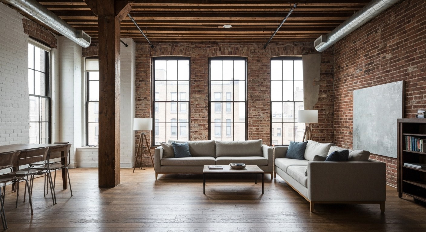spacious loft living room with exposed brick, high ceilings and oversized windows