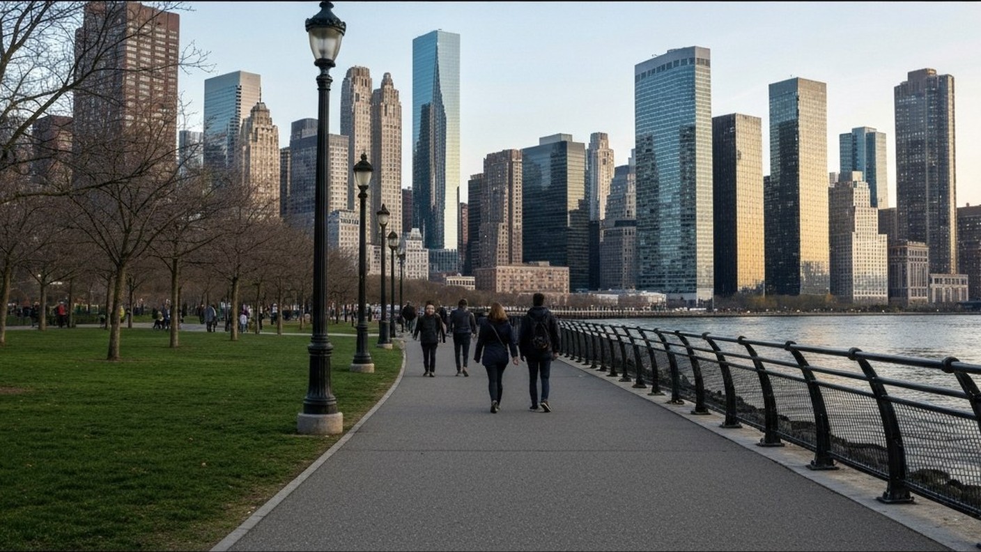 waterfront park path along the Hudson River with people walking, lower Manhattan