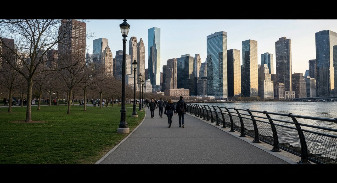 waterfront park path along the Hudson River with people walking, lower Manhattan
