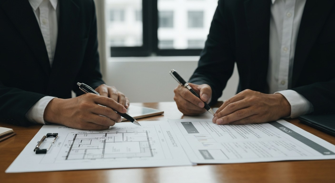 architect blueprints and property contracts on a table, professional meeting