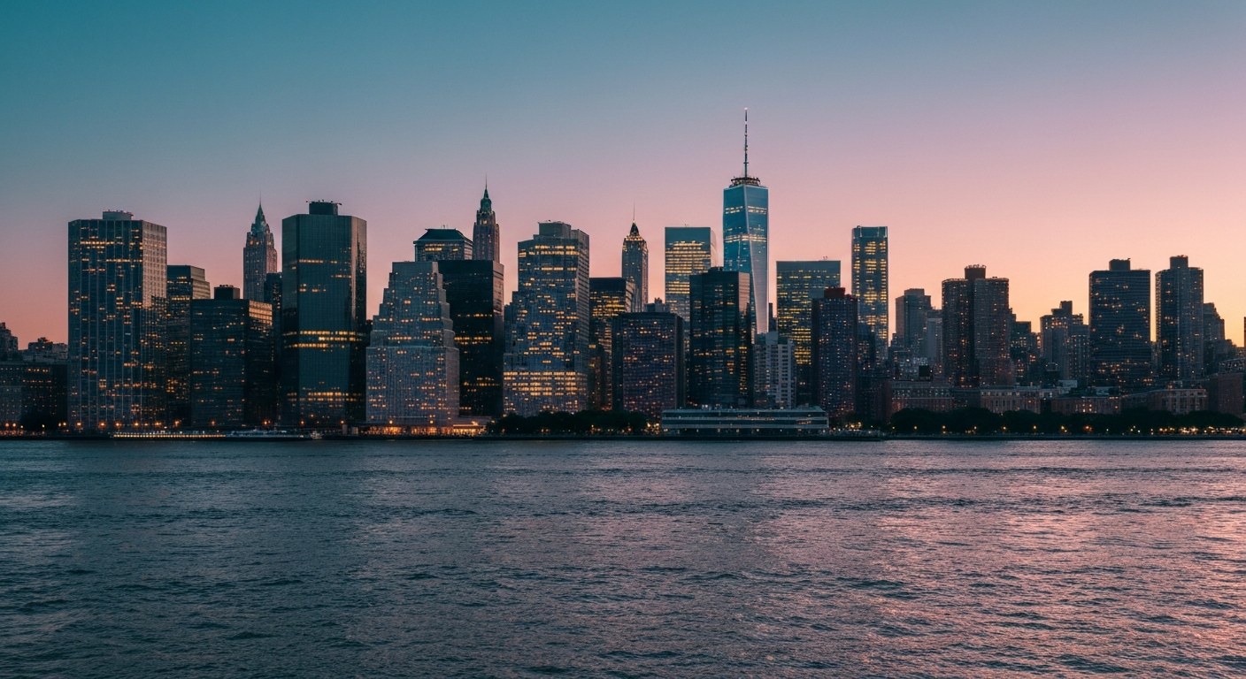 lower Manhattan skyline seen from the Hudson River at dusk, warm lights