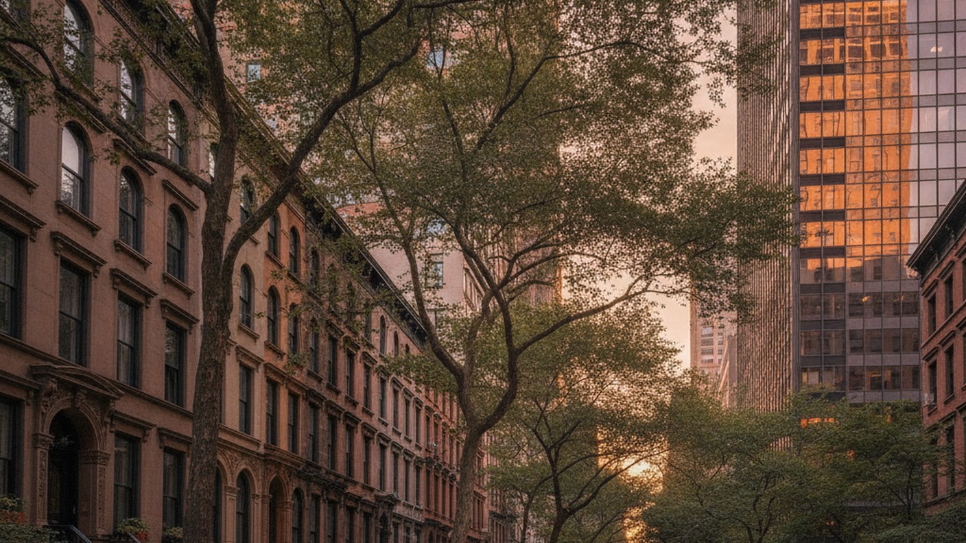 quiet tree-lined street with brownstones near modern glass tower, East Midtown