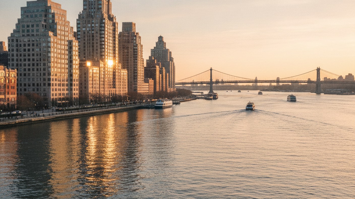 elegant apartment buildings facing East River with morning light on water