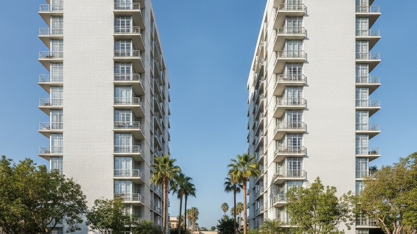 white brick mid-century apartment towers on quiet side street, clear sky