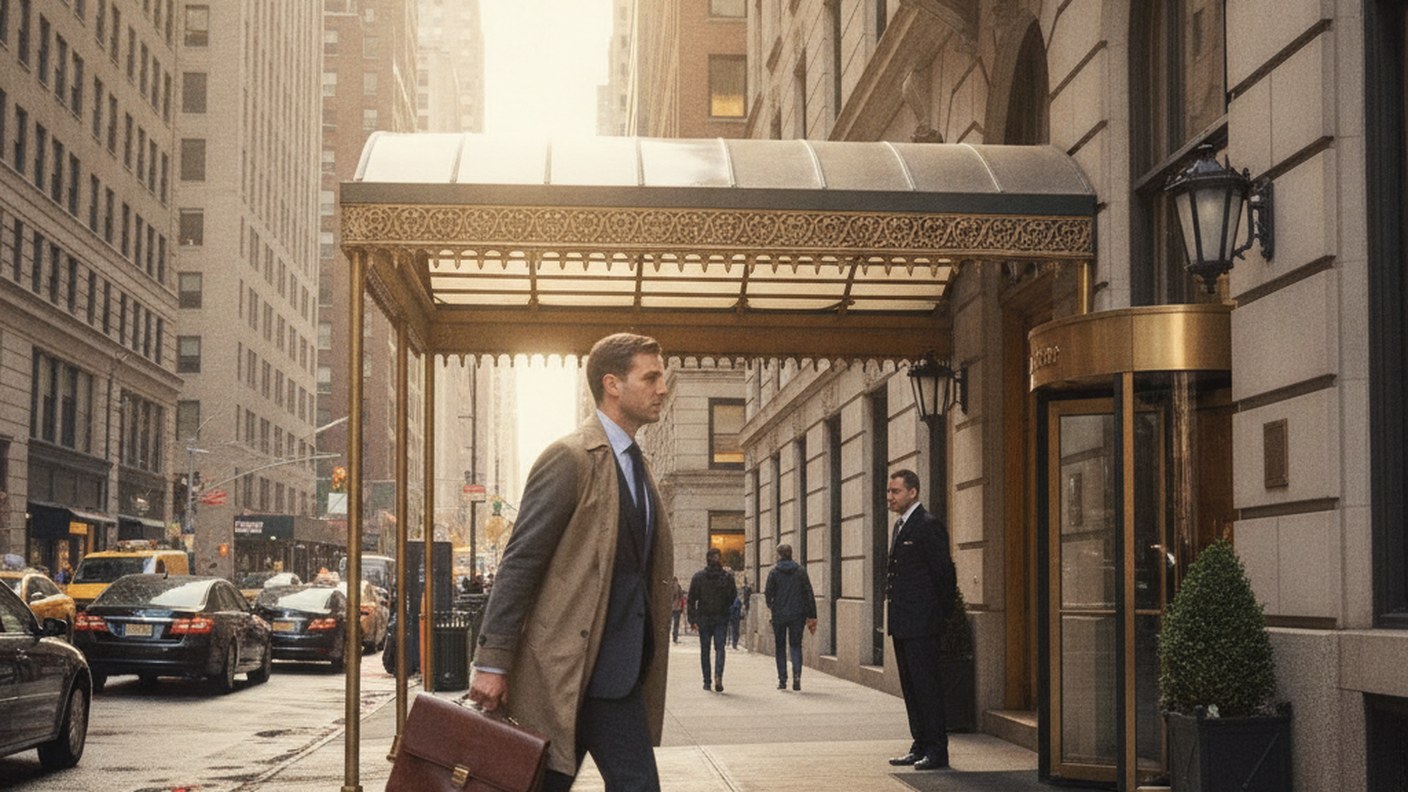 business person with briefcase walking past residential entrance, midtown morning