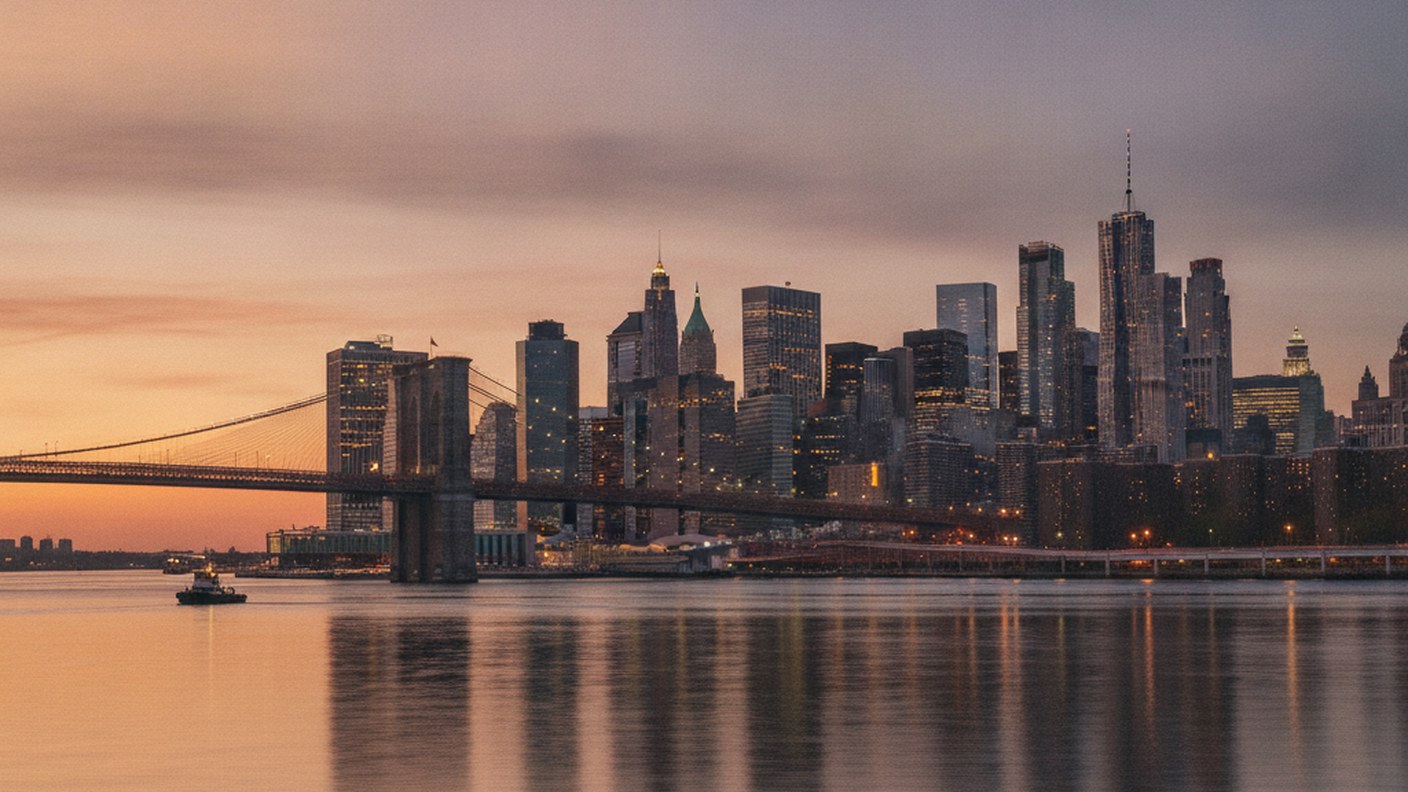 East River view with bridge and residential towers at dusk, calm water