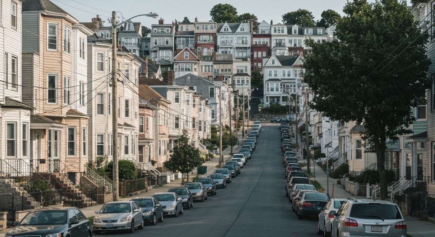 dense residential street on a hillside in New Jersey with attached three-story multi-family houses i