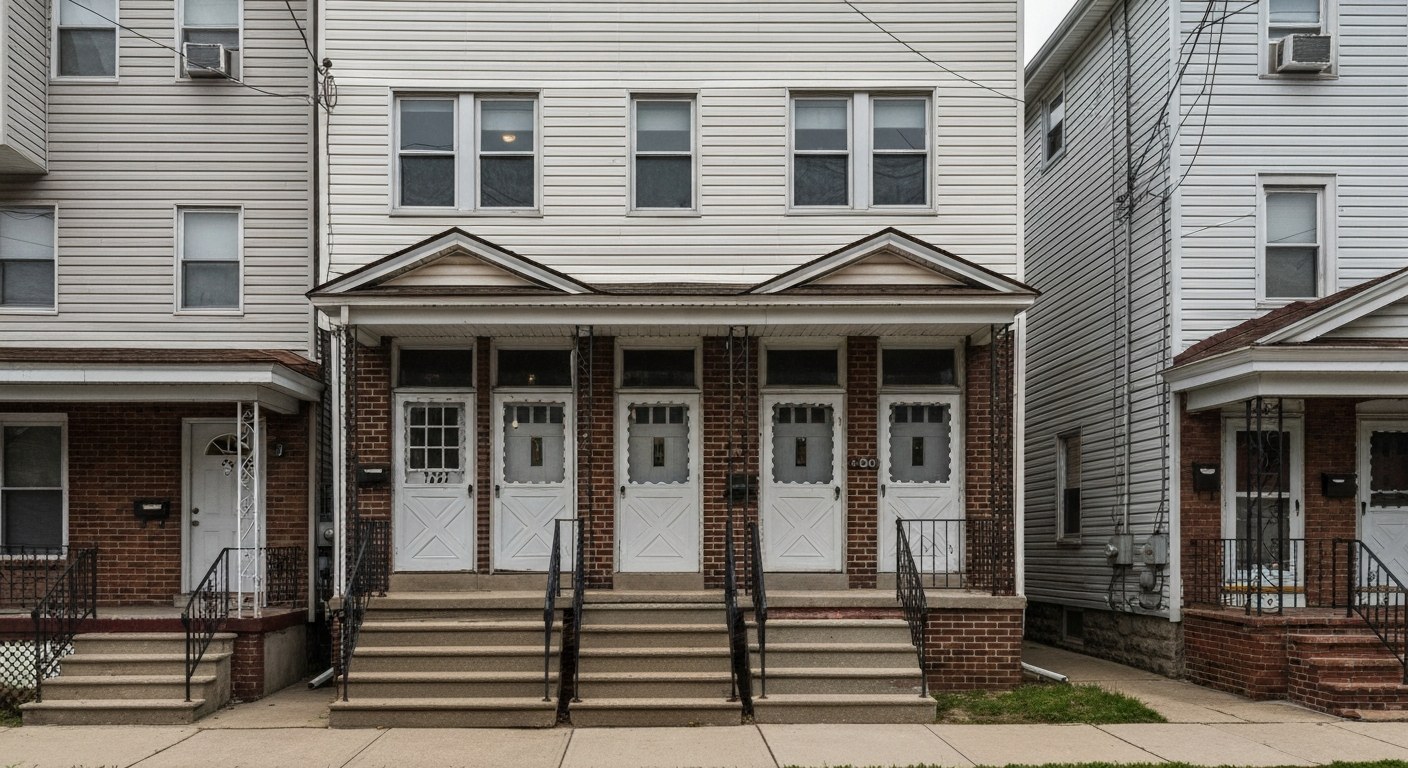 exterior of a three-family house in New Jersey with separate entrances and a small front stoop, bric