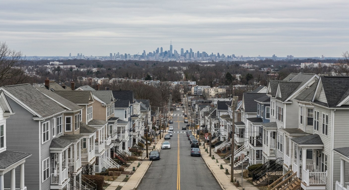 rows of attached multi-family houses viewed from a hillside street in New Jersey with a distant city