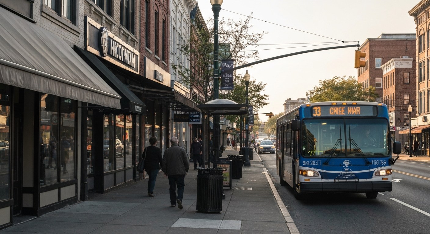 city bus at a stop on a busy commercial avenue in New Jersey with storefronts and awnings along the