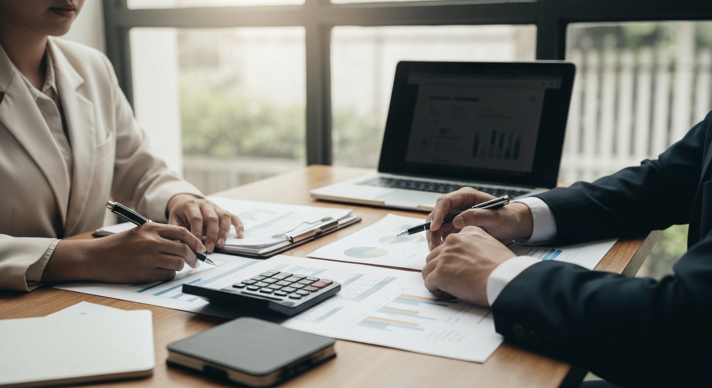 professional real estate consultation with printed documents, a calculator and a laptop on a wooden