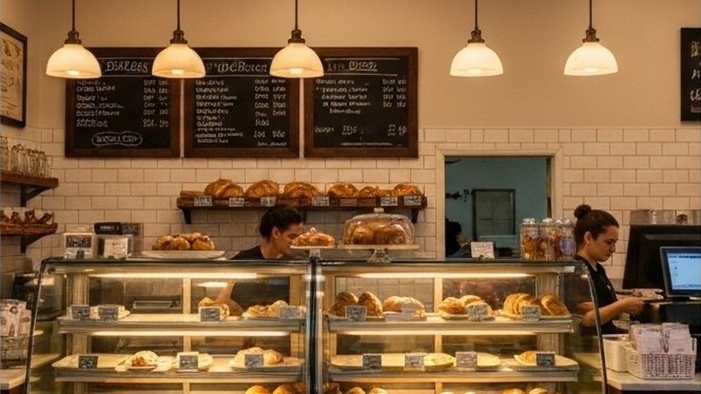 neighborhood bakery counter with pastries in a glass display case and warm overhead lighting, a cust