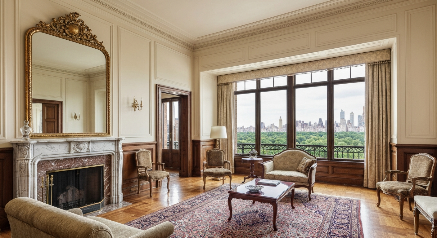 bright classic New York apartment living room with park view