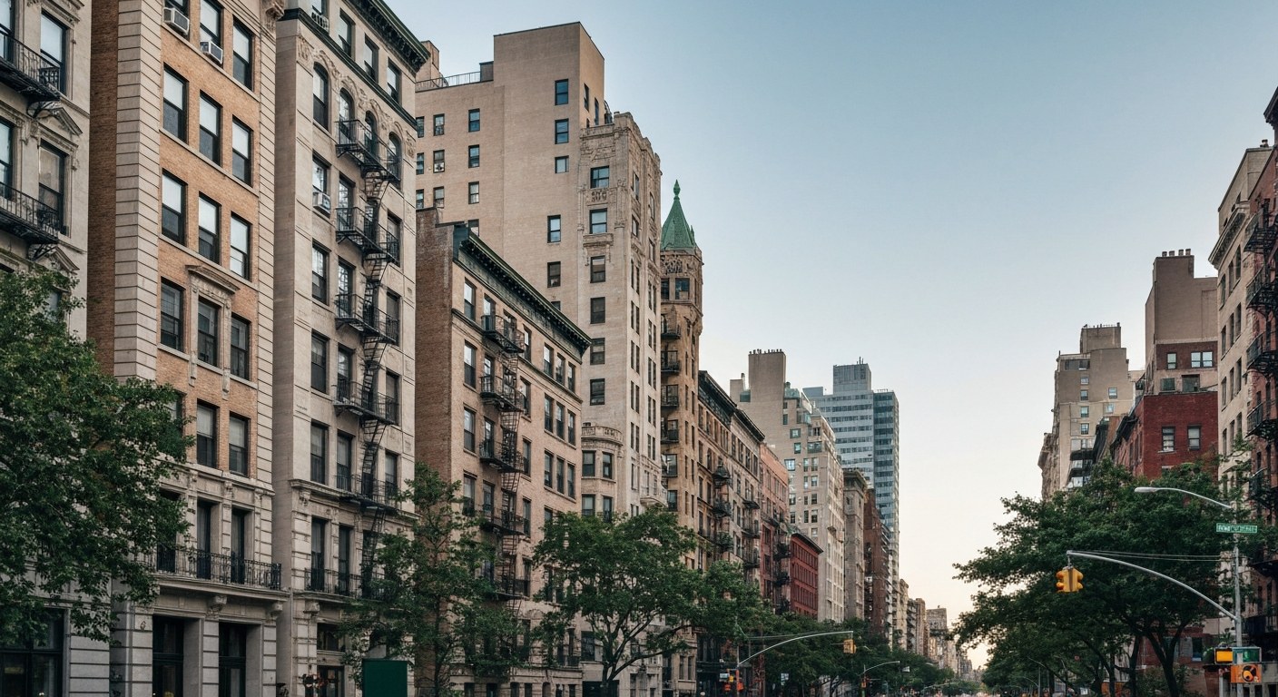 Upper East Side elegant prewar apartment buildings along a tree-lined avenue, Manhattan