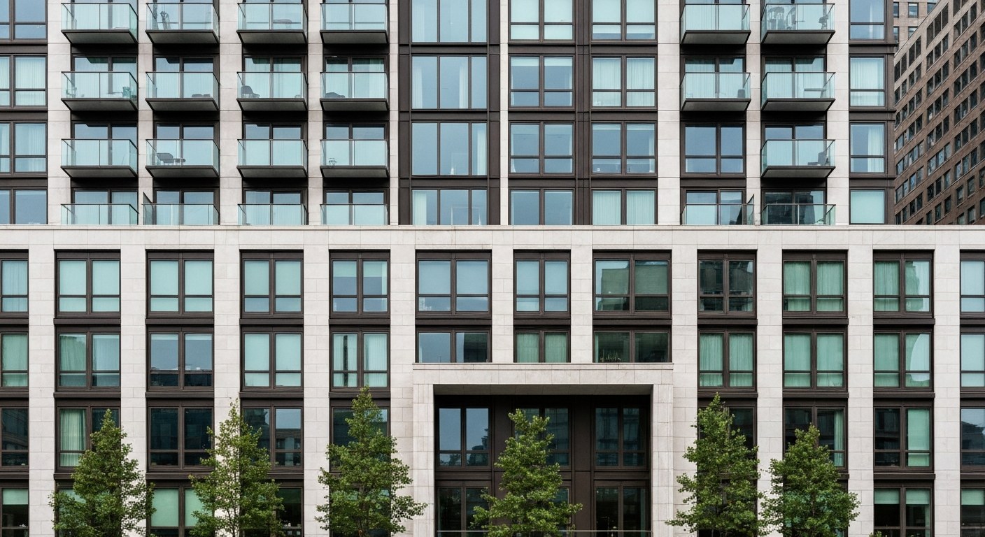 modern luxury residential tower with limestone facade, Upper East Side Manhattan