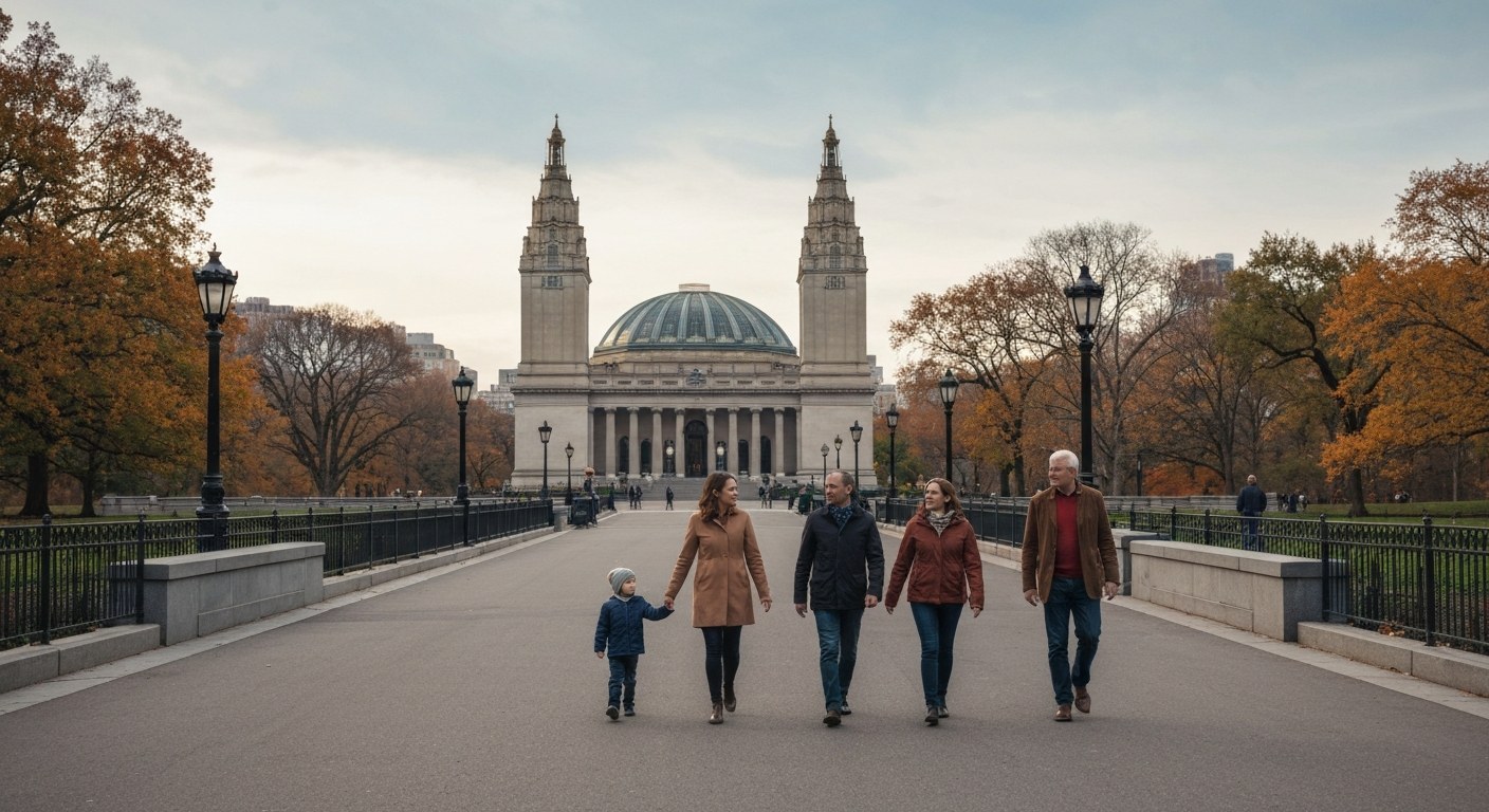 family walking in Central Park near museum, autumn day, New York