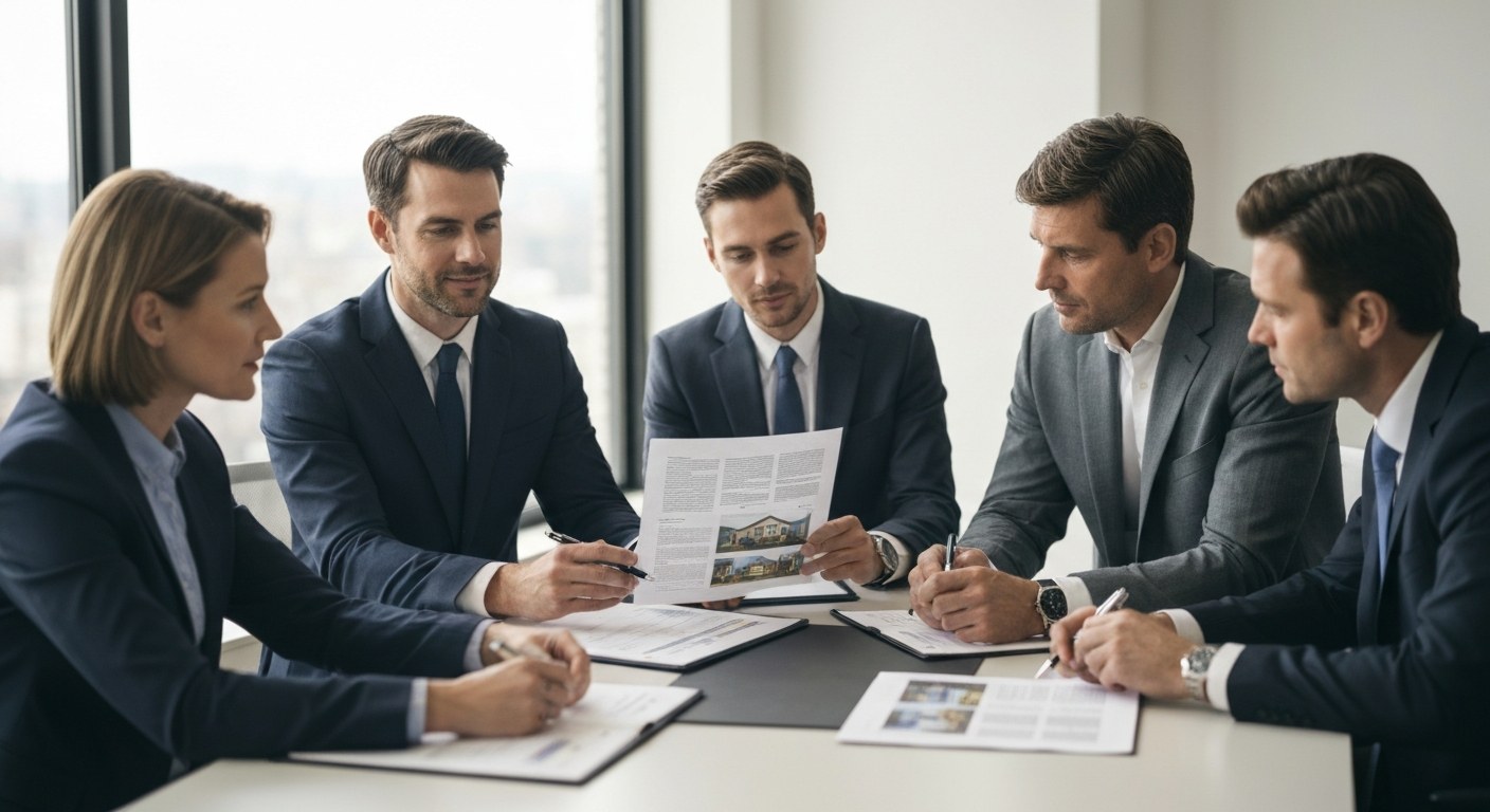 board meeting with documents, professional real estate review, office interior