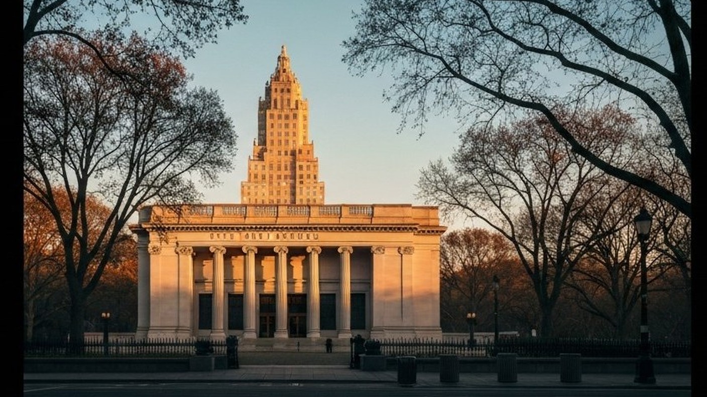 Fifth Avenue museum facade at golden hour, Central Park trees
