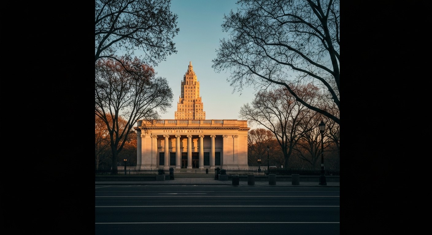 Fifth Avenue museum facade at golden hour, Central Park trees