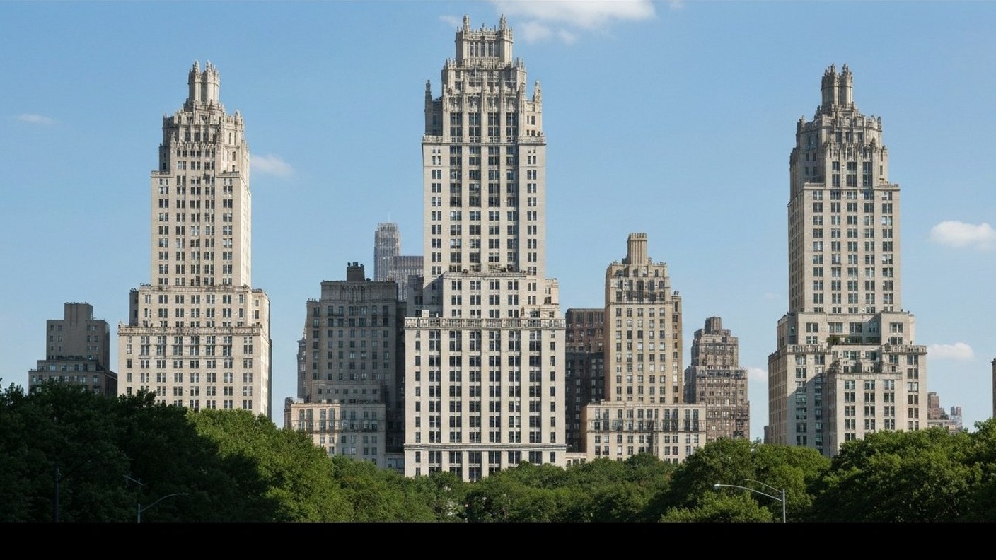elegant limestone luxury condominium tower near Central Park, New York, clear sky