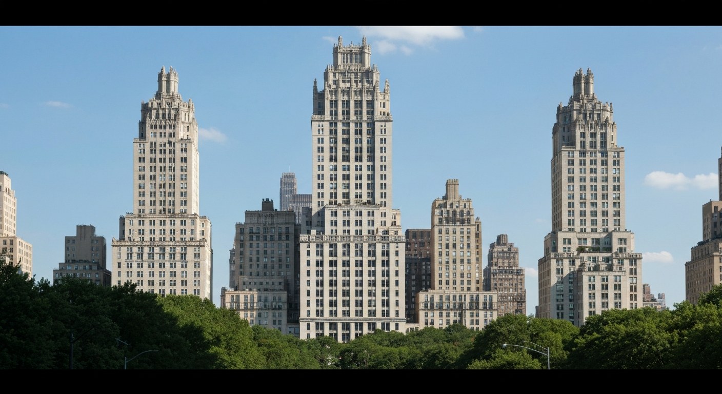 elegant limestone luxury condominium tower near Central Park, New York, clear sky