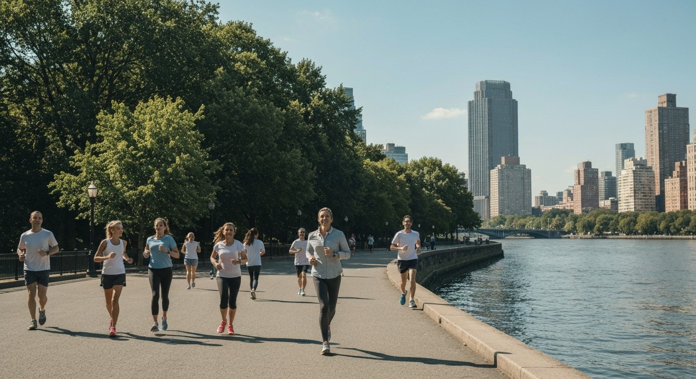 families and joggers in Riverside Park along the Hudson River, New York, sunny day