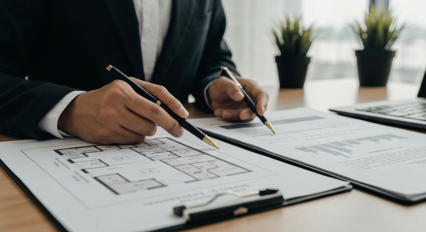 real estate documents and building floor plans on a desk, professional consultation
