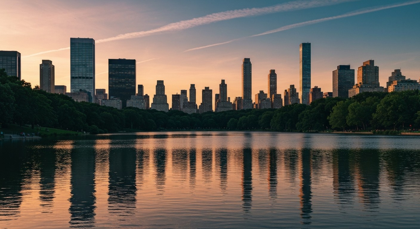 Central Park lake with Upper West Side skyline at sunset, New York
