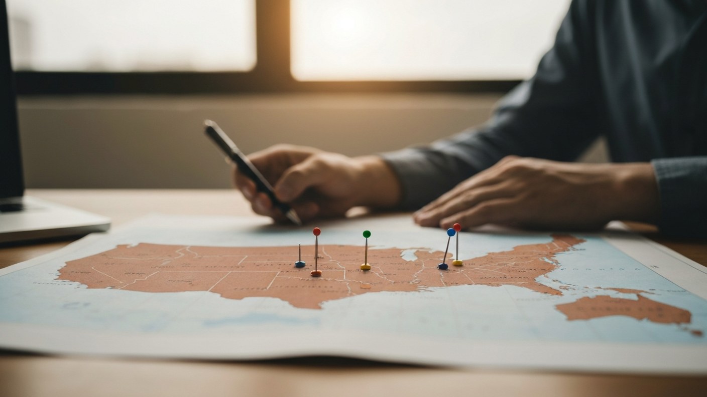 A map of the United States on a table with pins marking major cities, planning session, warm dayligh