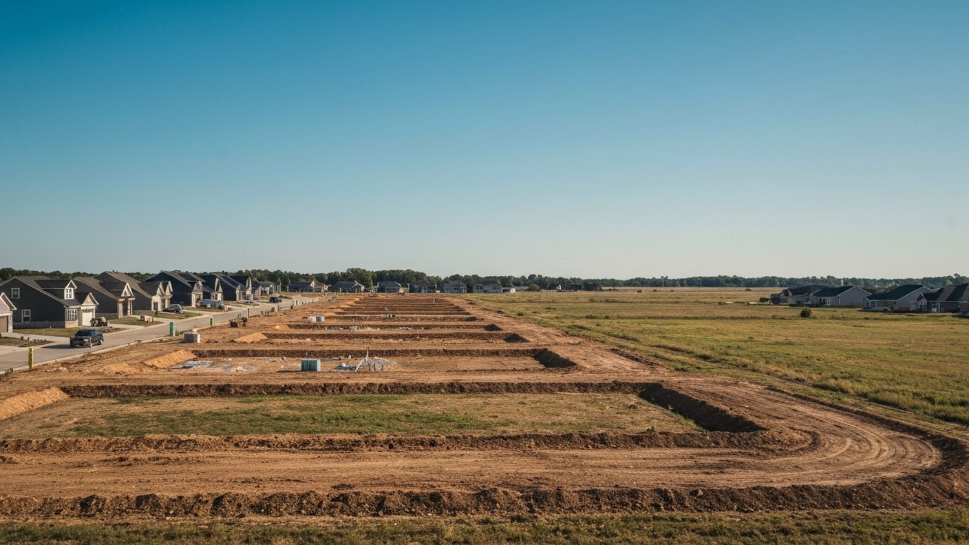 Suburban new construction homes under development with open land in the background, sunny day, Ameri