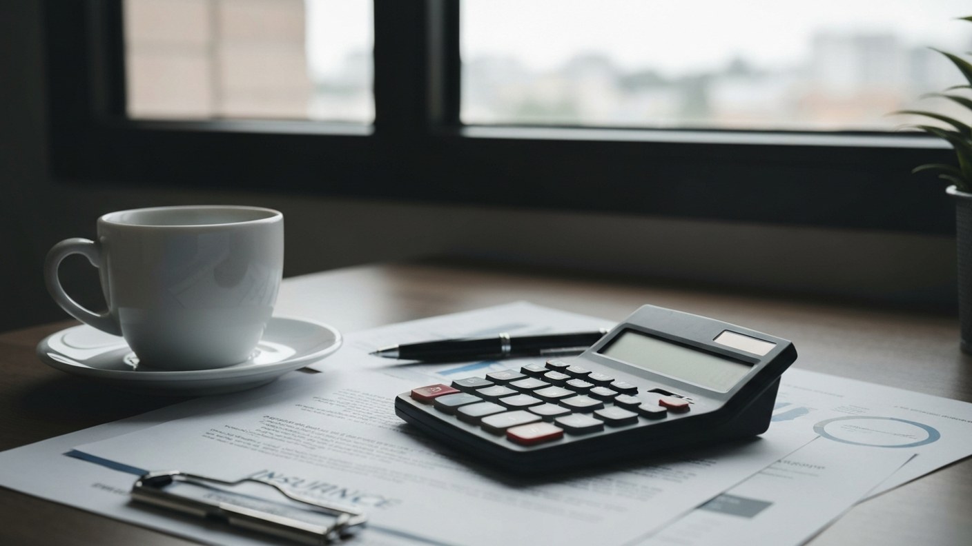 Insurance documents and a calculator on a desk with a coffee cup, financial review scene, natural wi