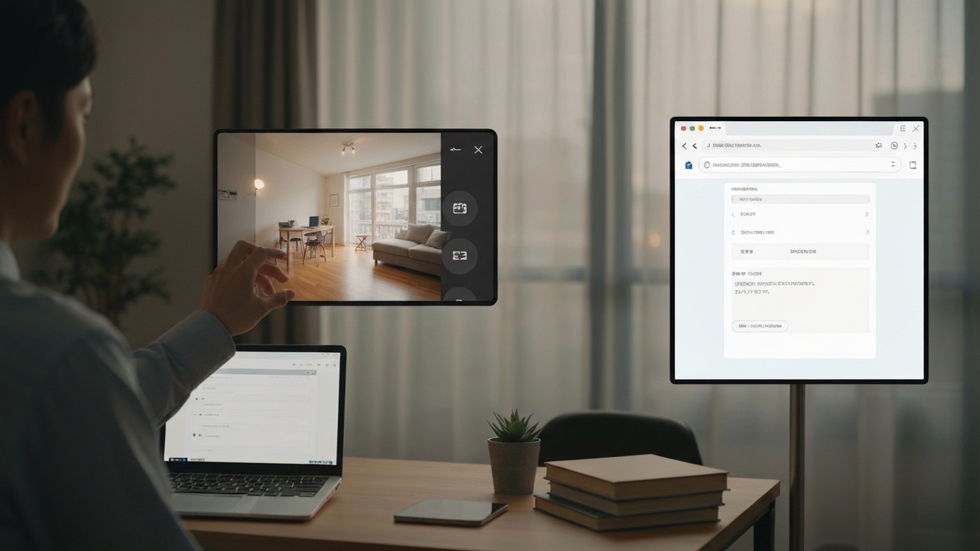 A person on a video call viewing an apartment remotely from a home office in Japan, evening light, i