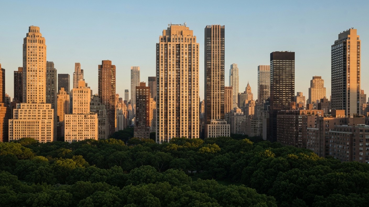 Manhattan residential towers at golden hour with the park visible, established and valuable urban la