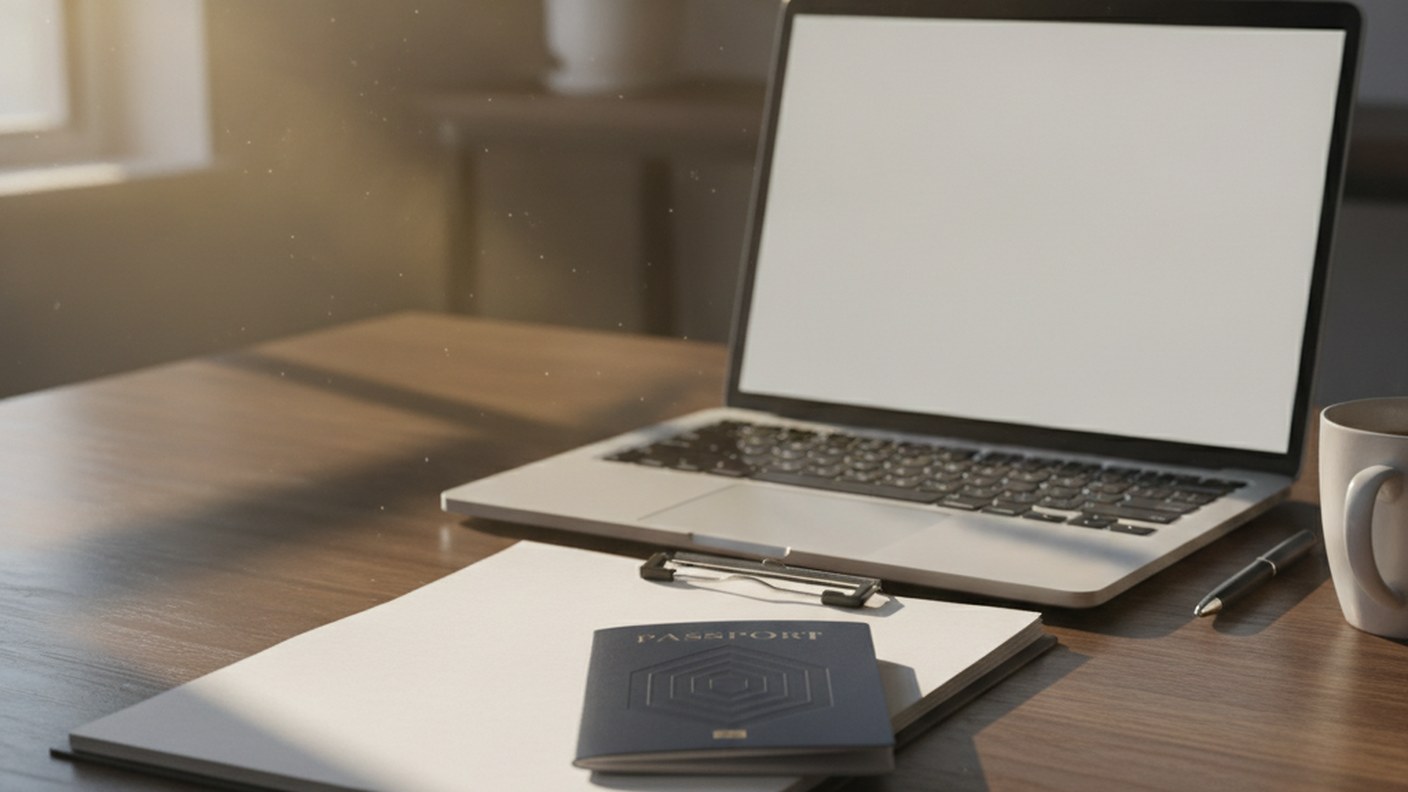 bank documents and a passport on a desk beside a laptop, morning light